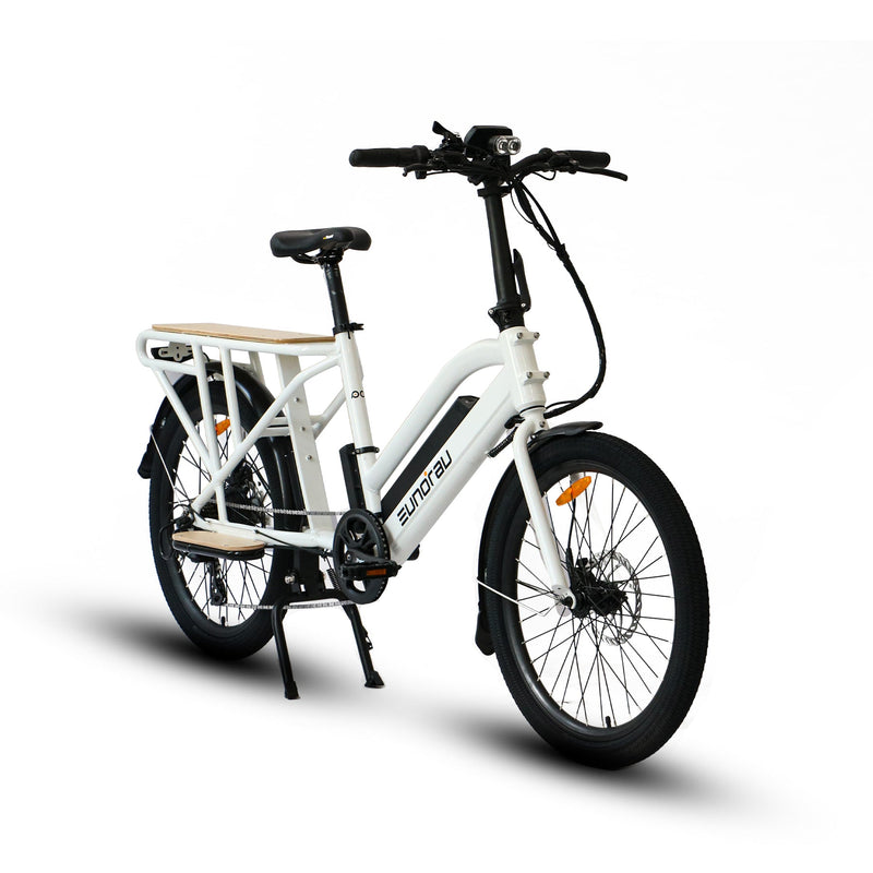 EUNORAU MAX-CARGO 2.0 electric bicycle in white with cargo racks and sturdy frame for urban transportation.