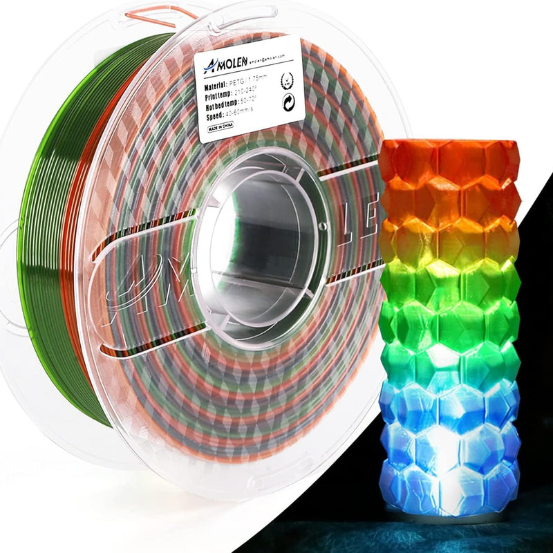 Clear PETG filament by Amolen, 1.75mm diameter, 1kg spool, suitable for 3D printing and transparent filament projects.
