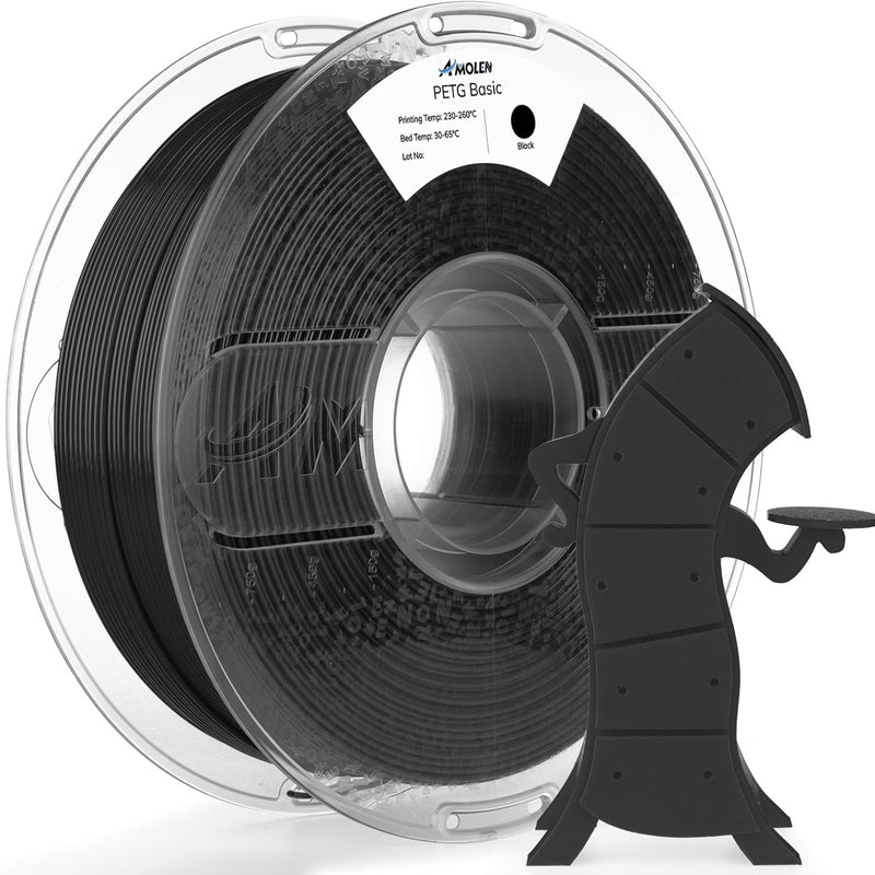 Black PETG filament by Amolen, 1.75mm diameter, 1KG spool suitable for 3D printing.