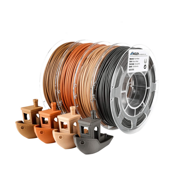 Amolen PLA wood variety pack with four 200g blocks of eco-friendly biodegradable filament for 3D printing.