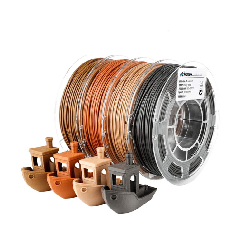 Amolen PLA wood variety pack with four 200g blocks of eco-friendly biodegradable filament for 3D printing.