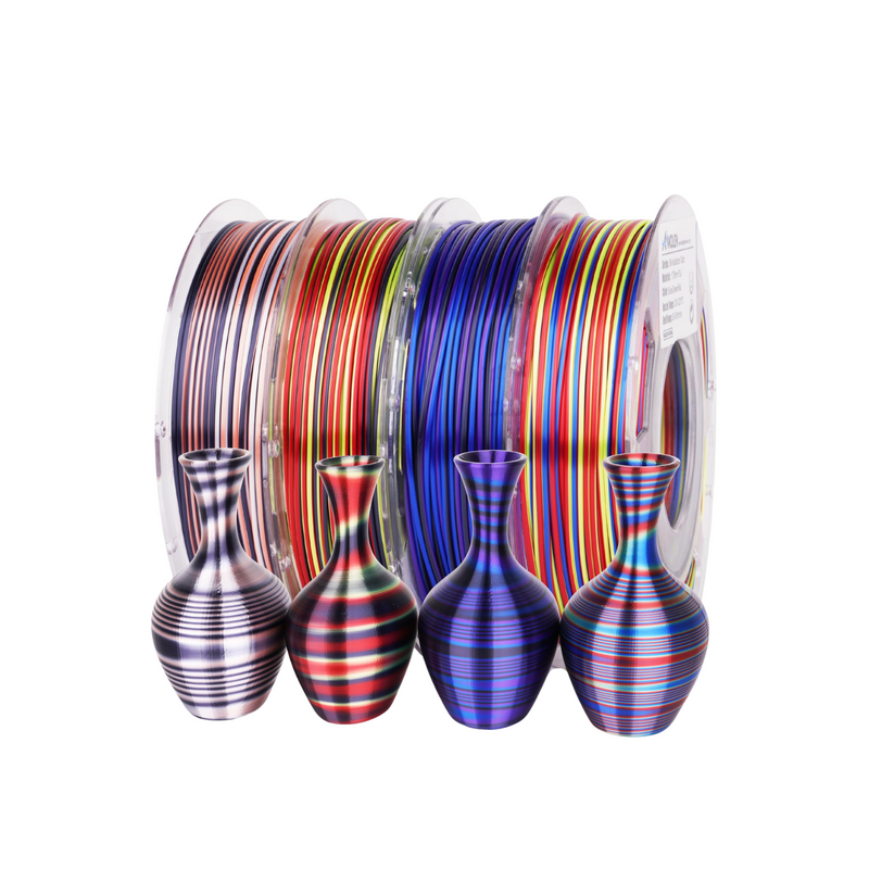 Amolen PLA Silk S-Series Variety Pack with four 200g spools of 1.75mm filament in vibrant colors for 3D printing.
