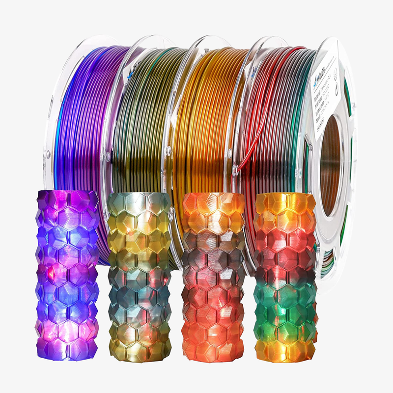 Amolen PLA Crystal-Transparent Gradient Variety Pack with four 200g spools of colorful transparent filament for 3D printing.