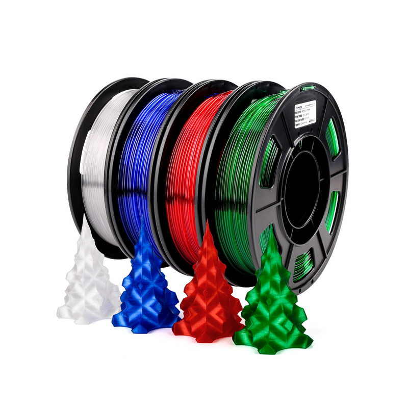 Amolen PETG transparent variety pack with four 250g spools of clear, durable 3D printing filament on a white background.