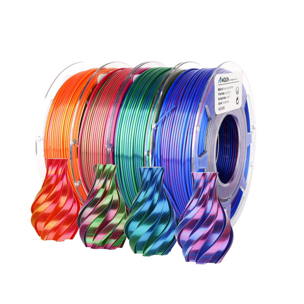 Amolen PLA Silk dual color 4-pack, 1.75mm filament spools for 3D printing, showcasing vibrant dual-color PLA filament.