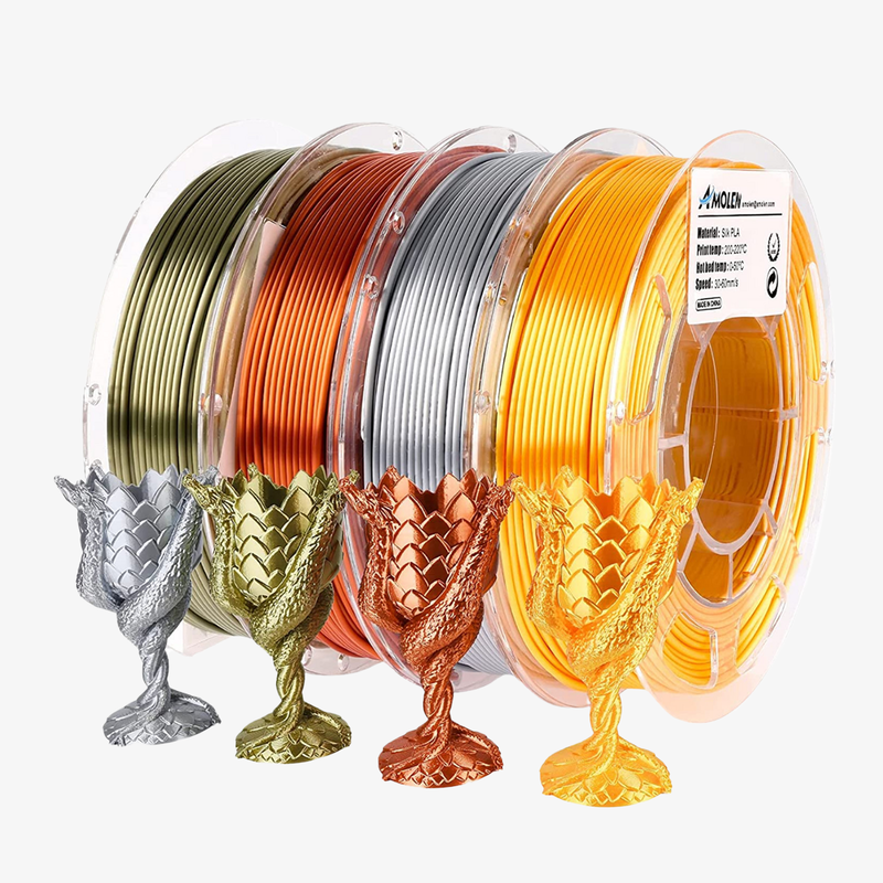 Amolen PLA Silk Basic Variety Pack with four 200g spools of 1.75mm filament in vibrant colors for 3D printing.