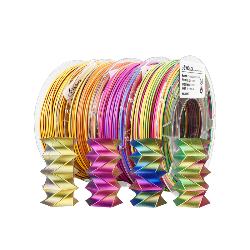 Amolen PLA Silk triple color variety pack with four 200g spools of 1.75mm filament in vibrant shades, displayed in a neat row.