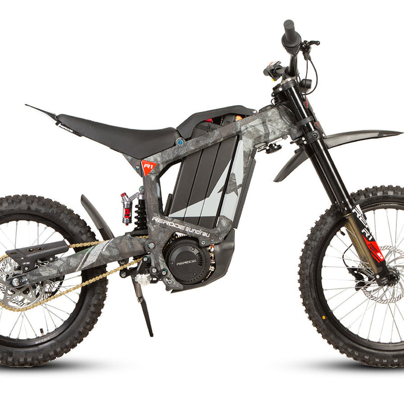 EUNORAU E-BIKE US R1-19 E-dirt bike with rugged frame and off-road tires in a natural outdoor setting