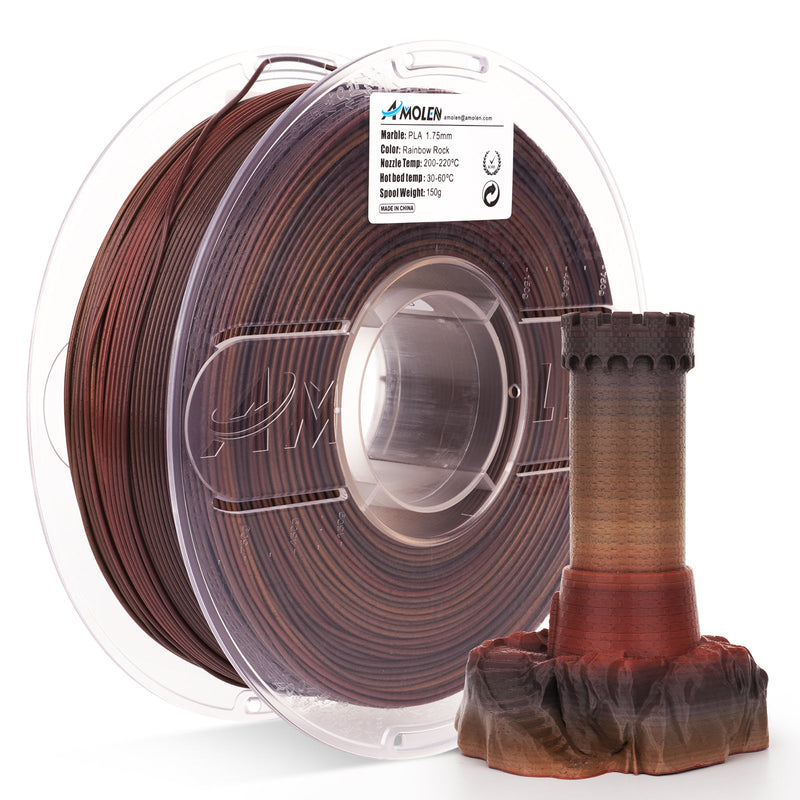 Rainbow-colored Amolen PLA Marble 1.75mm filament spool for 3D printing, 1KG (2.2lb) weight, vibrant and smooth finish.