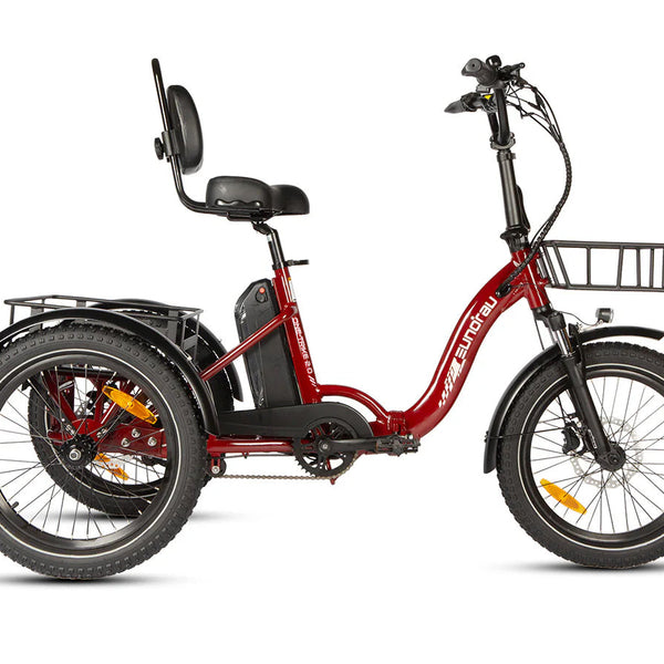 Red EUNORAU E-BIKE US ONE-TRIKE 2.0 electric tricycle with sturdy frame and comfortable seat, designed for easy riding.