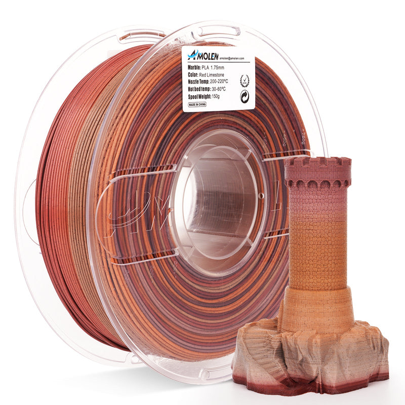 Red limestone-colored Amolen PLA marble filament spool, 1.75mm, 1kg for 3D printing.