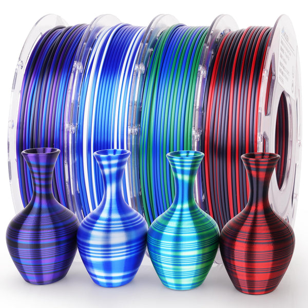 Amolen PLA Silk S-Series 4-pack of 1kg 1.75mm filament spools in various colors for 3D printing.