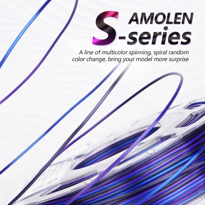 Amolen PLA Silk S-Series Variety Pack with four 200g spools of 1.75mm filament in vibrant colors, perfect for 3D printing.