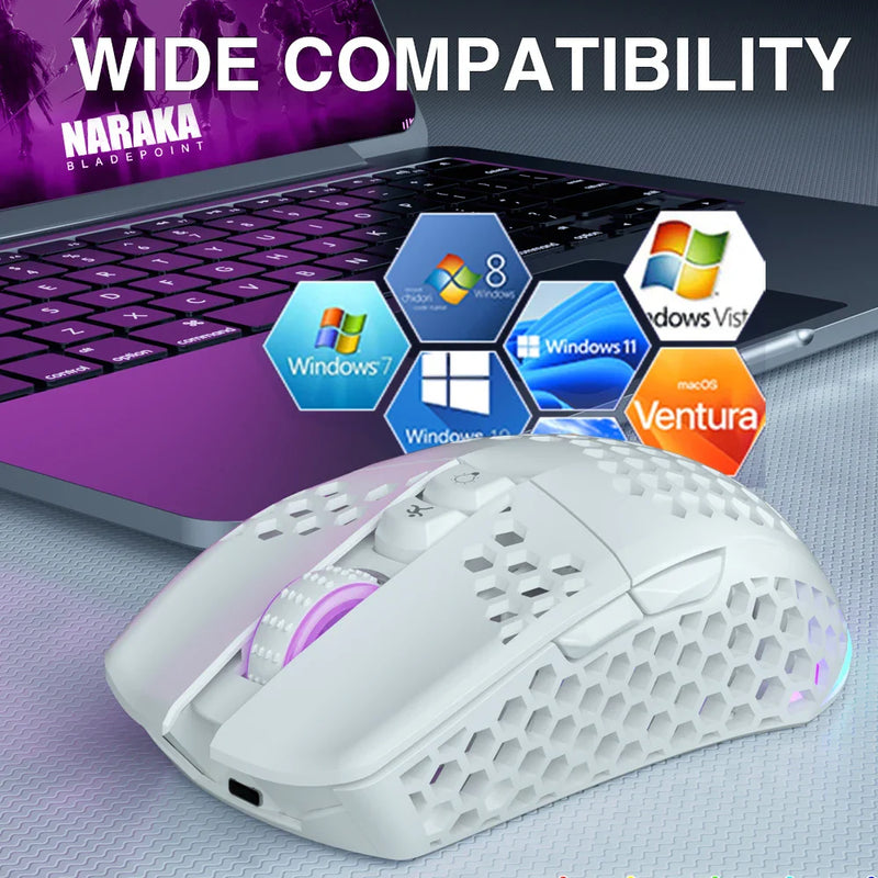 Wireless gaming mouse with three connection modes from Electronics Den, featuring ergonomic design and customizable buttons.