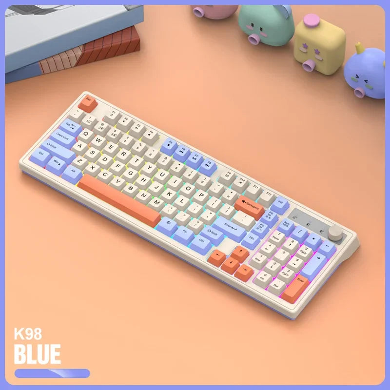 Wireless 98-key keyboard with rainbow backlit lighting by Electronics Den, showing colorful illuminated keys on a sleek black design.
