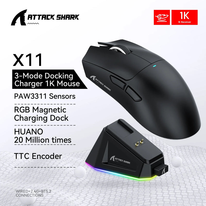 Electronics Den gaming mouse with 22000 DPI, RGB lighting, tri-mode connection including 2.4GHz, wired, and Bluetooth for PC gaming