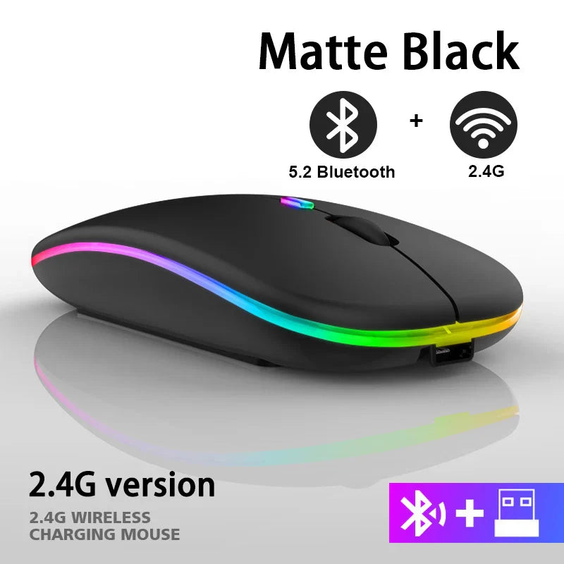 Wireless RGB rechargeable Bluetooth mouse from Electronics Den, featuring sleek design and customizable lighting.