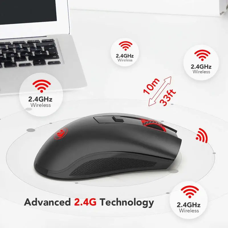 Wireless optical mouse with USB receiver from Electronics Den, featuring ergonomic design and 2.4G connectivity.