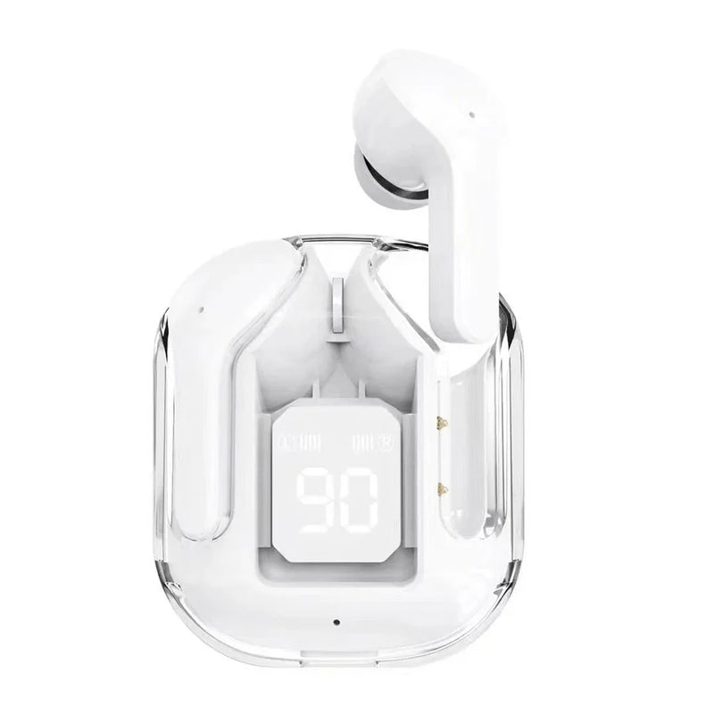 Wireless Bluetooth headset AIR31 by Electronics Den with in-ear design and charging case, shown on a white background.