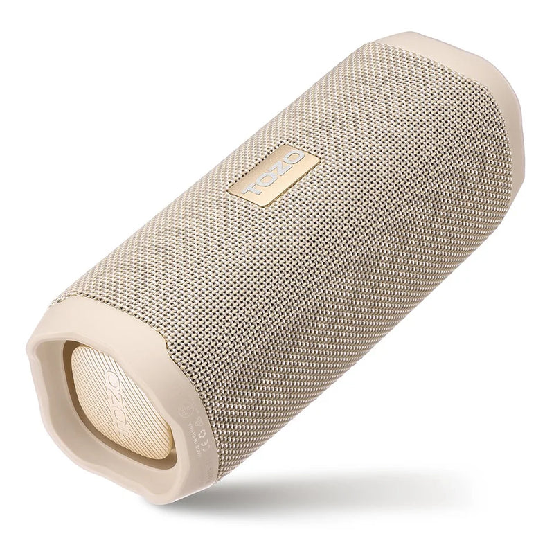 Electronics Den Bluetooth speaker with dual drivers and dual bass diaphragms, showing its sleek design and control buttons.