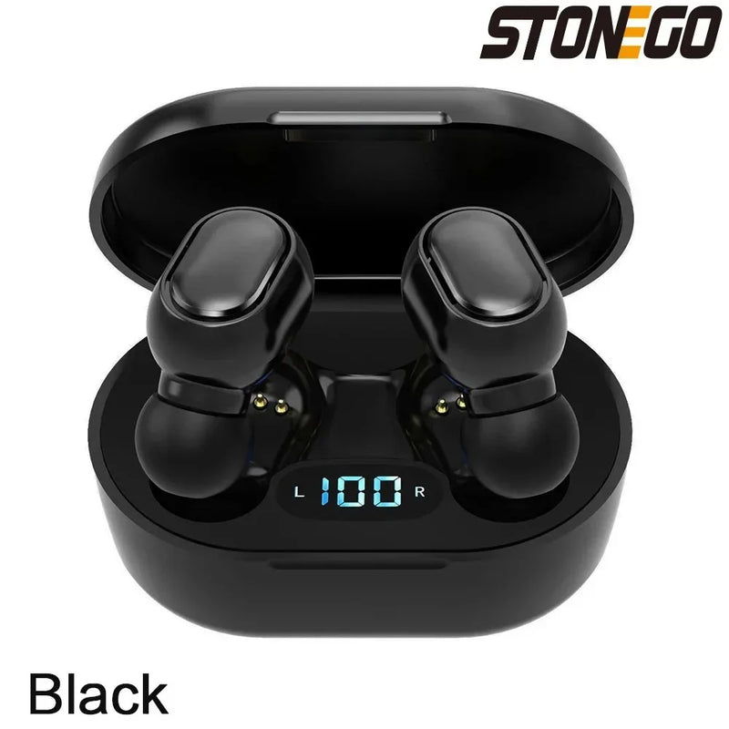 Wireless Bluetooth 5.0 earbuds from Electronics Den, showcasing sleek black design and in-ear fit with charging case.