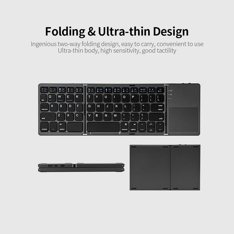 Wireless Bluetooth foldable keyboard with 64 keys, rechargeable battery, compact design, ideal for portable electronic use.