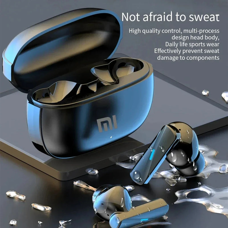 Xiaomi Air 7 Bluetooth earphones with sleek black earbuds and charging case, wireless audio device for smartphones and tablets.