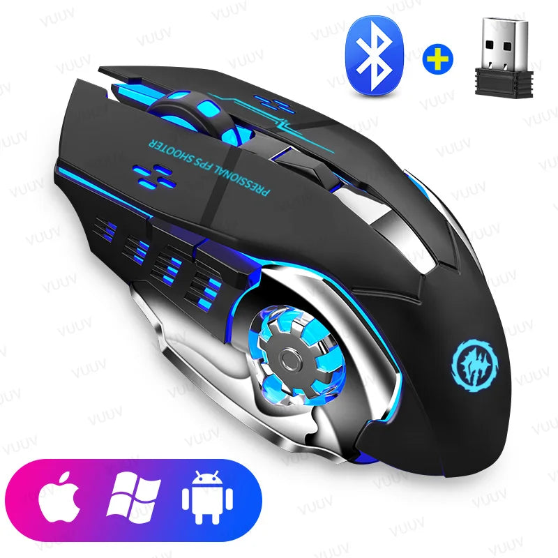 Wireless gaming mouse by Electronics Den with ergonomic design and Bluetooth connectivity, shown in black on a desk.