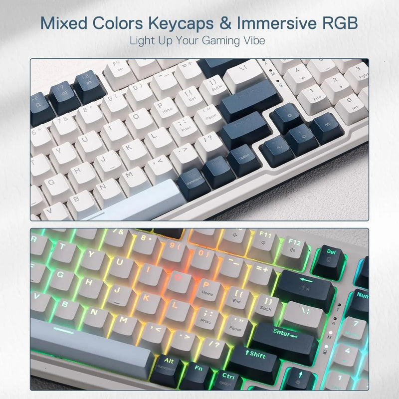 Wireless RGB gaming mechanical keyboard with 98 keys, gasket design, and 3-mode connectivity by Electronics Den.