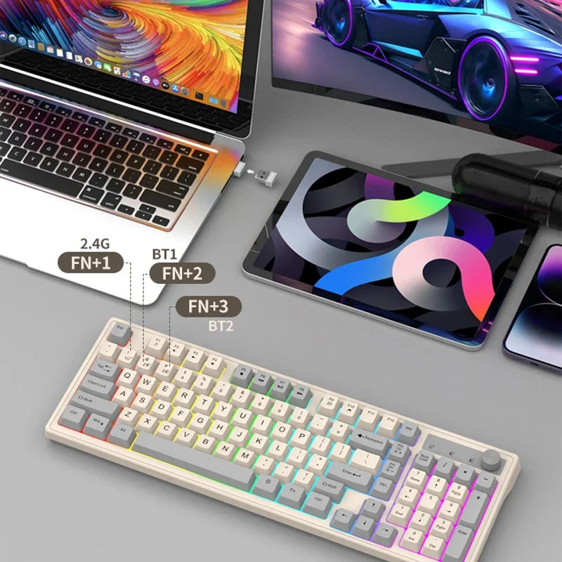 Wireless 98-key keyboard with rainbow backlit lighting from Electronics Den, showing colorful keys and sleek design.