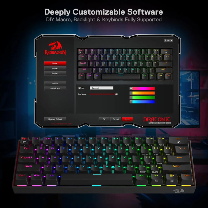 Electronics Den K530 Pro Draconic 60% wireless RGB mechanical keyboard with 3-mode connectivity and compact design.