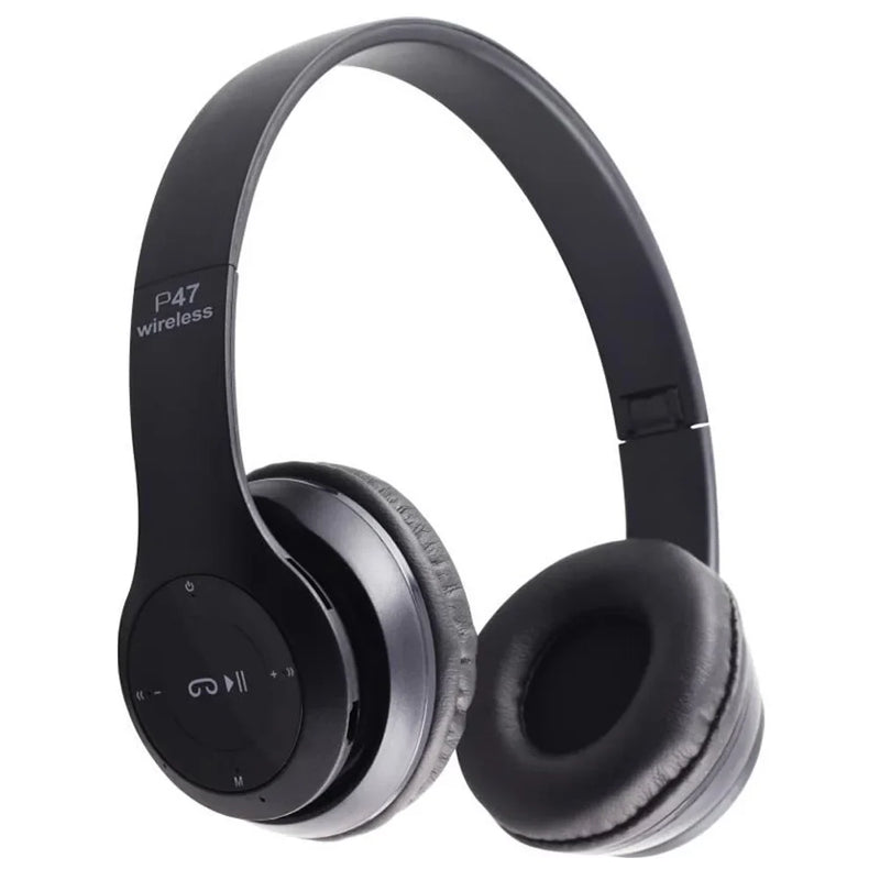 Wireless Bluetooth headphones from Electronics Den, P47 model with over-ear design and built-in microphone, in black color.