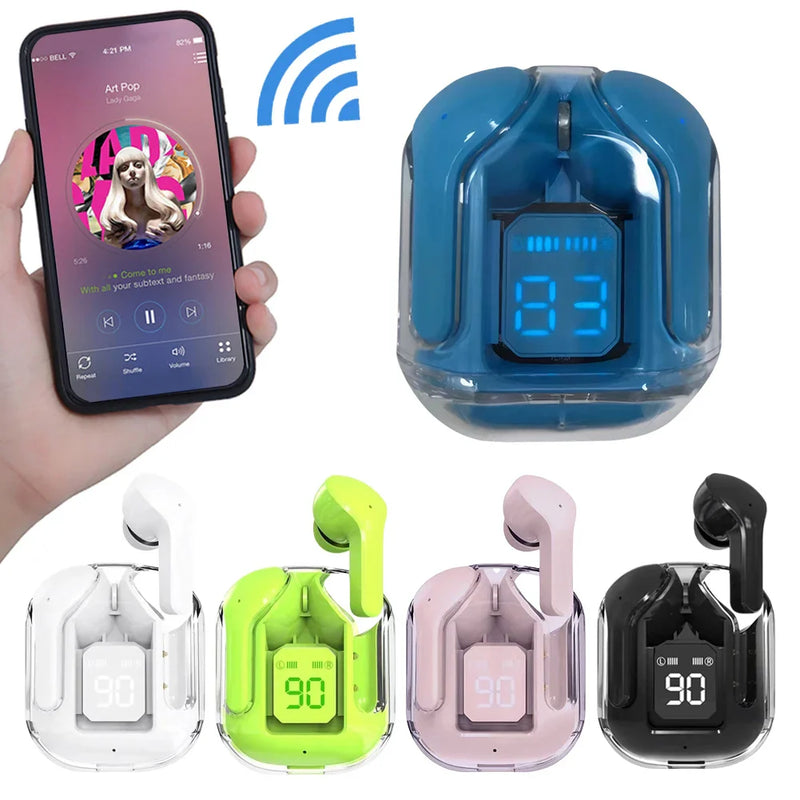 Wireless Bluetooth headset AIR31 by Electronics Den with sleek earbuds and charging case, shown in black on a white background.