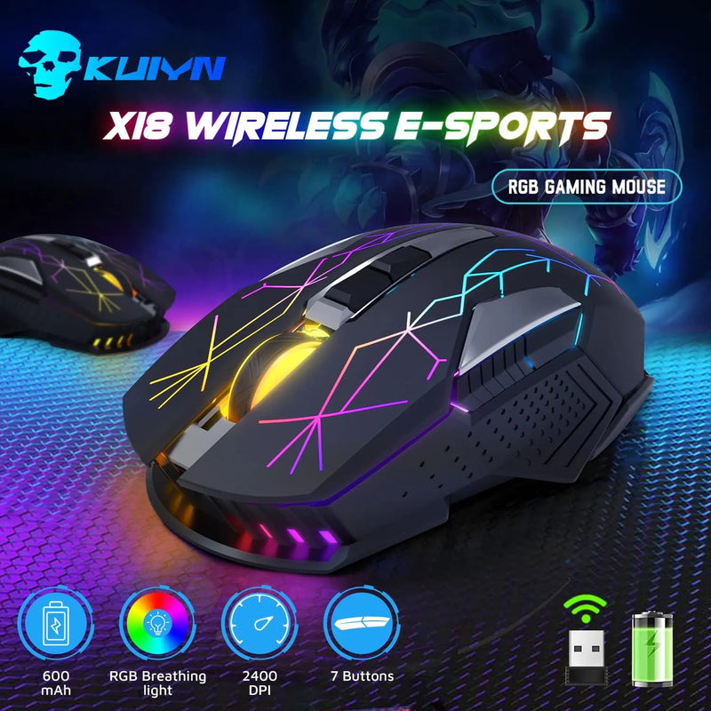 Wireless gaming mouse by Electronics Den with 7 RGB lighting and 2.4G connectivity, featuring ergonomic design.