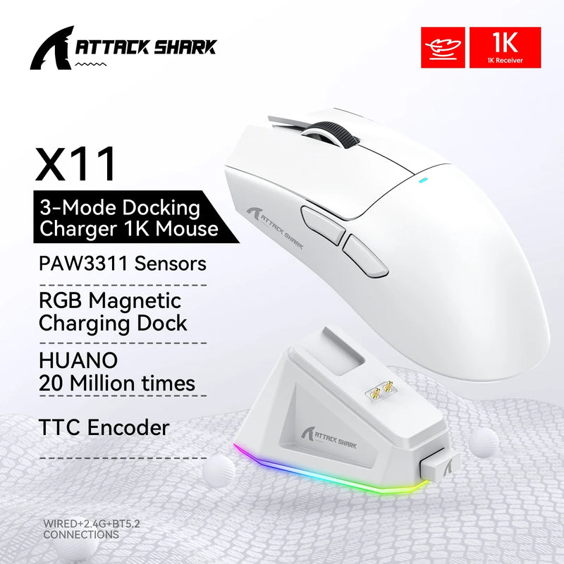 White Attack Shark X11 Bluetooth wireless mouse with three modes, ergonomic design, and sleek appearance from Electronics Den.