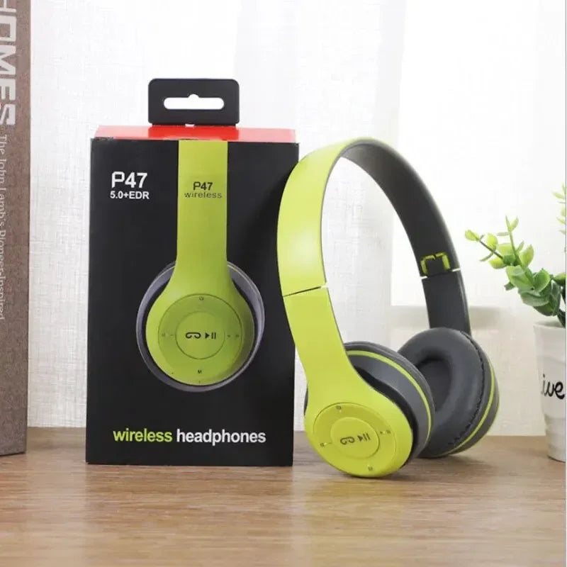 Wireless P47 Bluetooth 5.0 headphones by Electronics Den featuring cushioned ear cups and sleek black design.