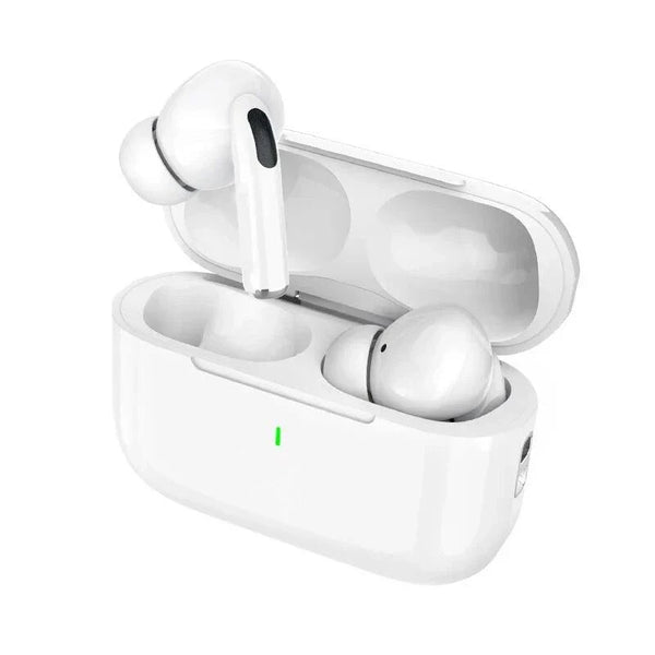 Wireless HiFi noise reduction earbuds for iPhone and Android, showing sleek black design with ear tips and control buttons.