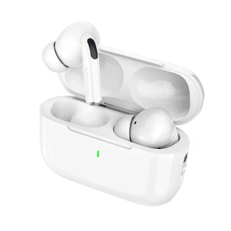 Wireless HiFi noise reduction earbuds for iPhone and Android, showing sleek black design with ear tips and control buttons.