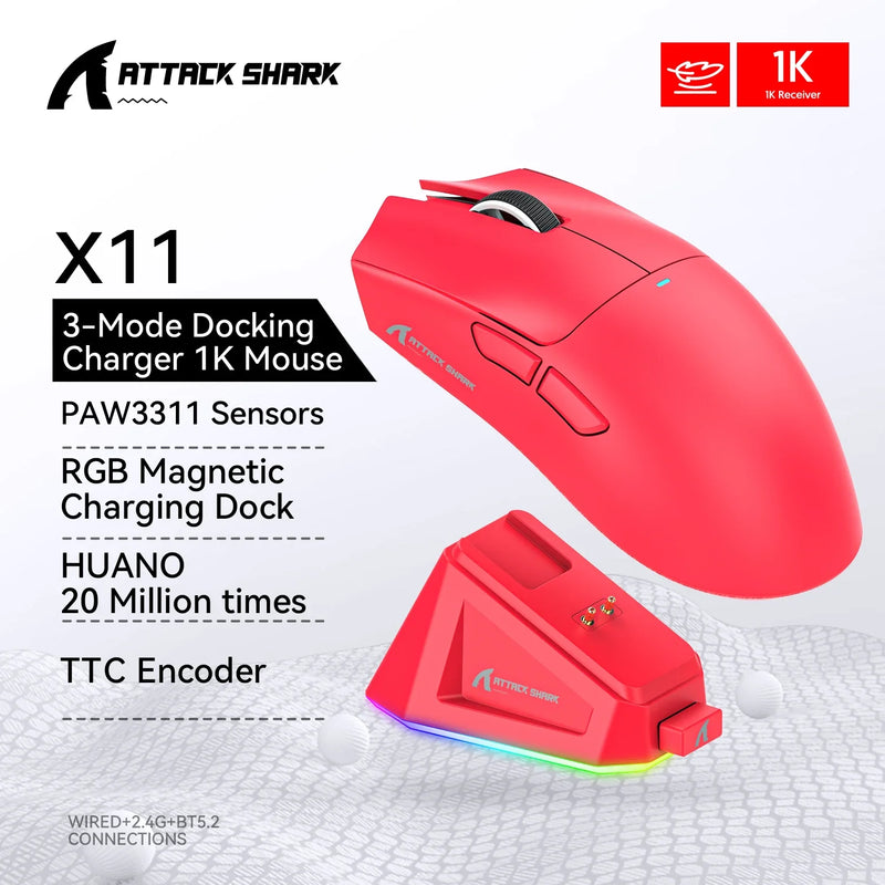 Electronics Den gaming mouse with RGB lighting, 22000 DPI, tri-mode connection (2.4GHz, wired, Bluetooth), and high-precision PAW3311 sensor