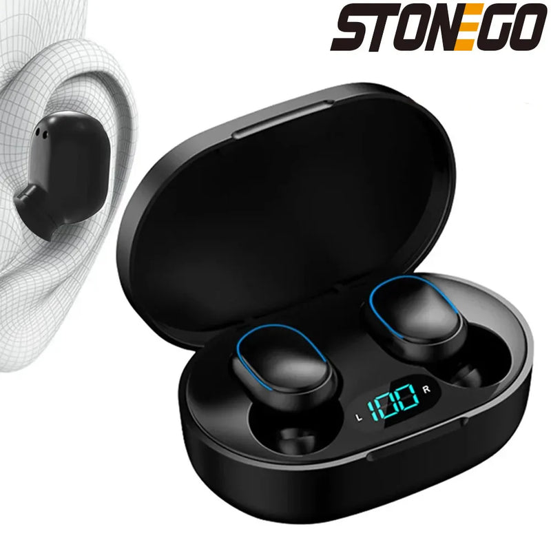 Wireless Bluetooth 5.0 earbuds from Electronics Den with sleek black design and in-ear fit for comfortable listening.