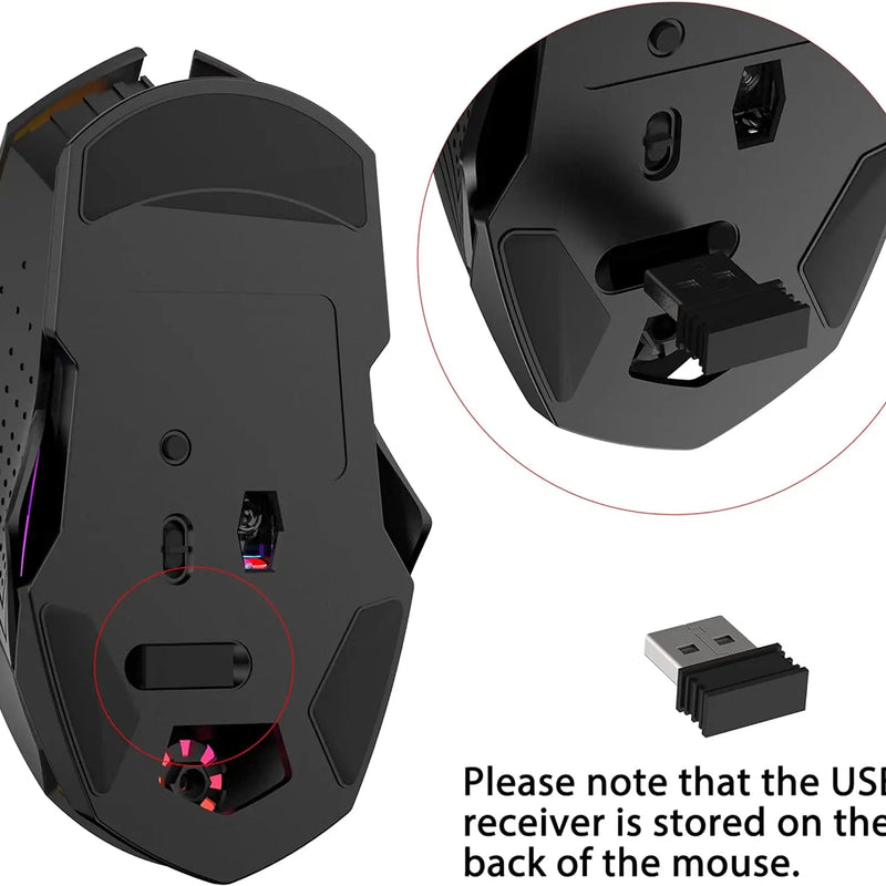 Wireless gaming mouse X18 by Electronics Den with 2.4G connectivity and 7 RGB lighting effects on a sleek black design