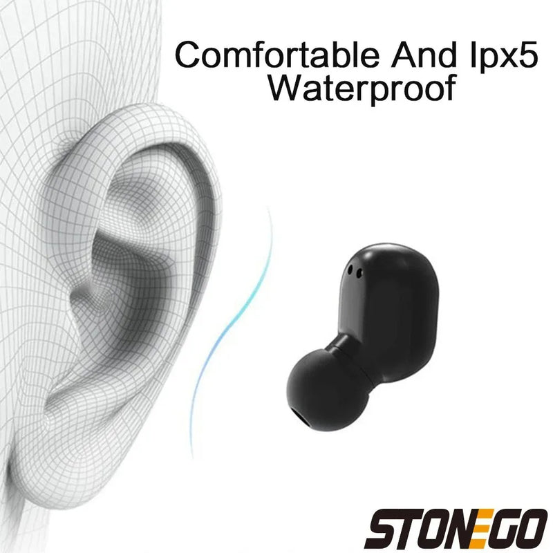 Wireless Bluetooth 5.0 earbuds from Electronics Den with black in-ear design and compact charging case.