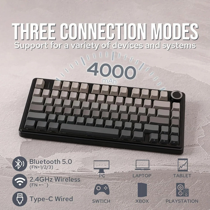 Wireless mechanical gaming keyboard with gasket mounting, branded Electronics Den, featuring compact design and mechanical key switches.