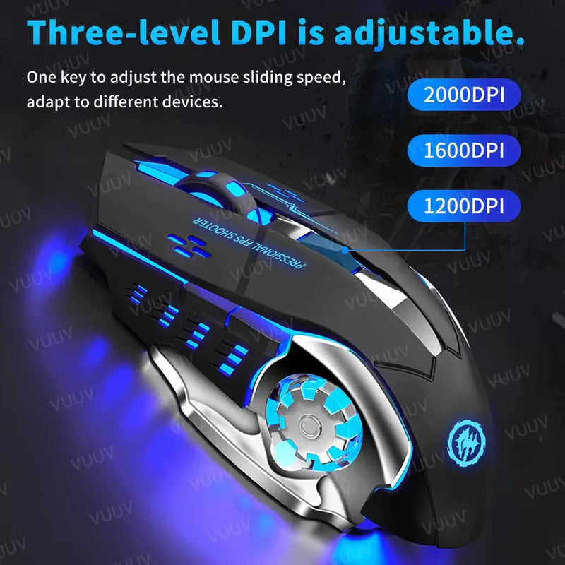 Wireless gaming mouse by Electronics Den with ergonomic design and Bluetooth connectivity, shown in black with customizable buttons.