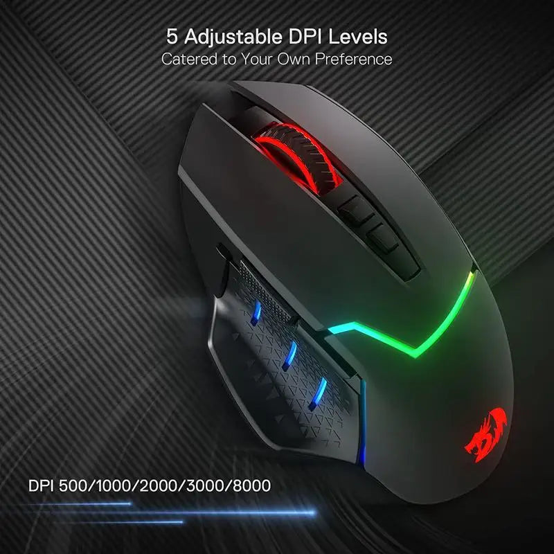 Wireless gaming mouse M690 PRO by Electronics Den with ergonomic design and customizable buttons, shown in black on a desk.
