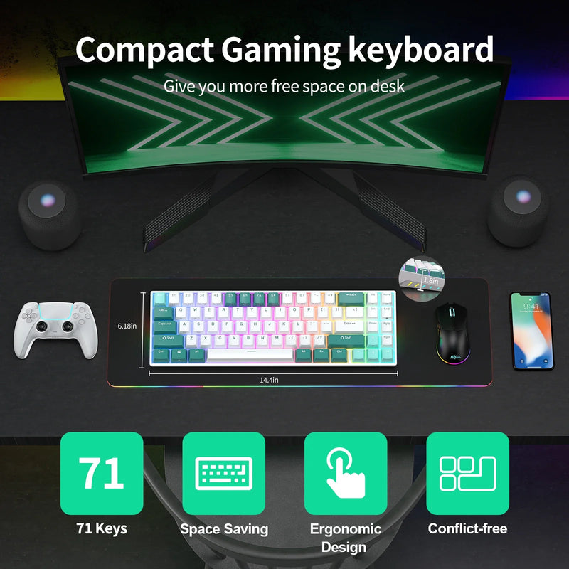 Tri-mode mechanical keyboard by Electronics Den with black keycaps and RGB lighting, showing multiple connection options.