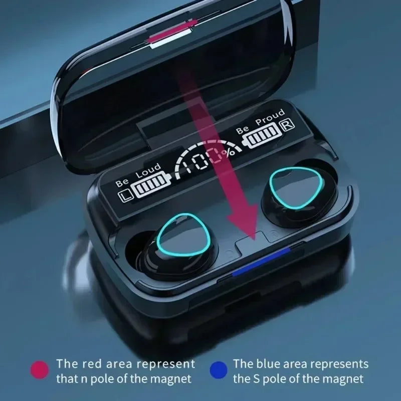 Wireless Bluetooth M10 Headphones by Electronics Den with sleek earbud design and compact charging case.