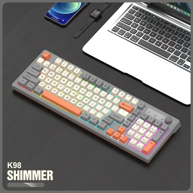 Wireless 98-key rainbow backlit keyboard by Electronics Den, showing colorful lighting and sleek black design