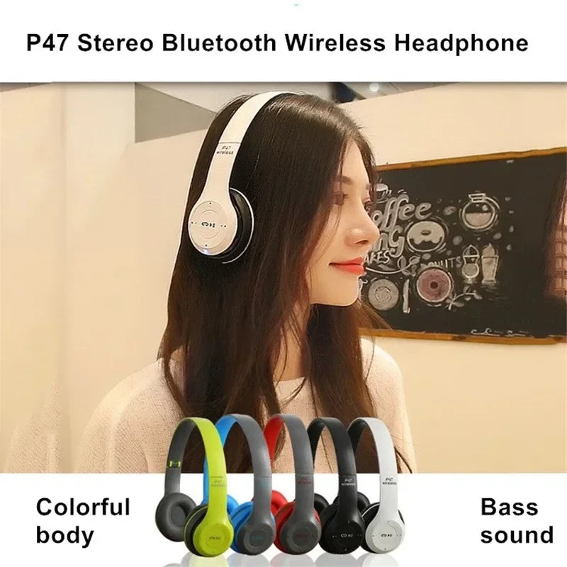 Black P47 Bluetooth 5.0 wireless headphones by Electronics Den with cushioned ear cups and sleek design.