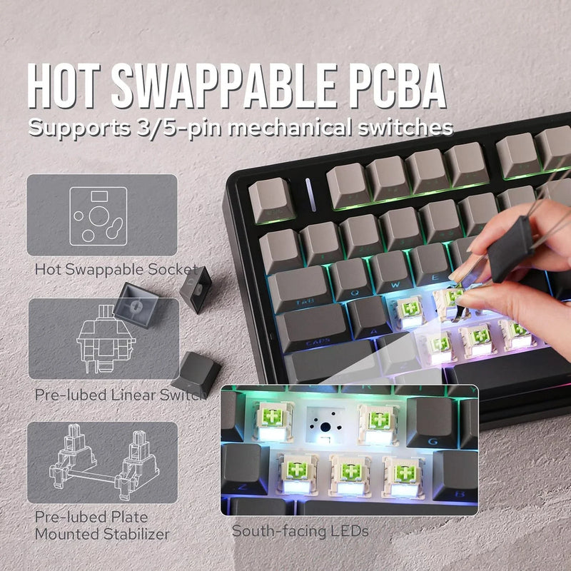 Wireless gaming mechanical keyboard F75 Pro Gasket Mounted by Electronics Den, showing key layout and sleek black design.